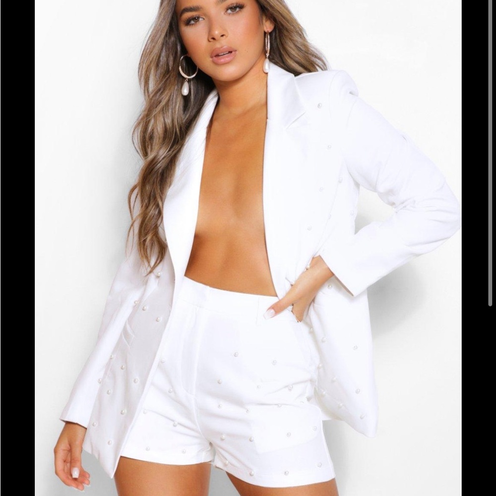 Boohoo Pearl Detail Blazer and Short Set